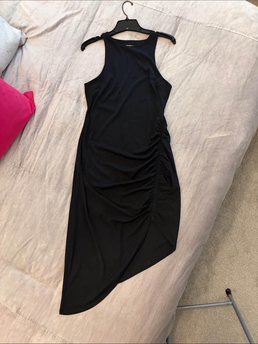 Express Black Asymmetrical Ruched Midi Dress
